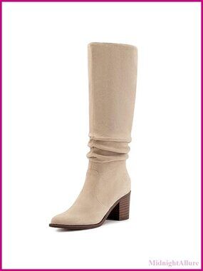 Faux Suede Knee High Boots Pointed Toe Chunky Heel Slouchy Wide Calf Womens